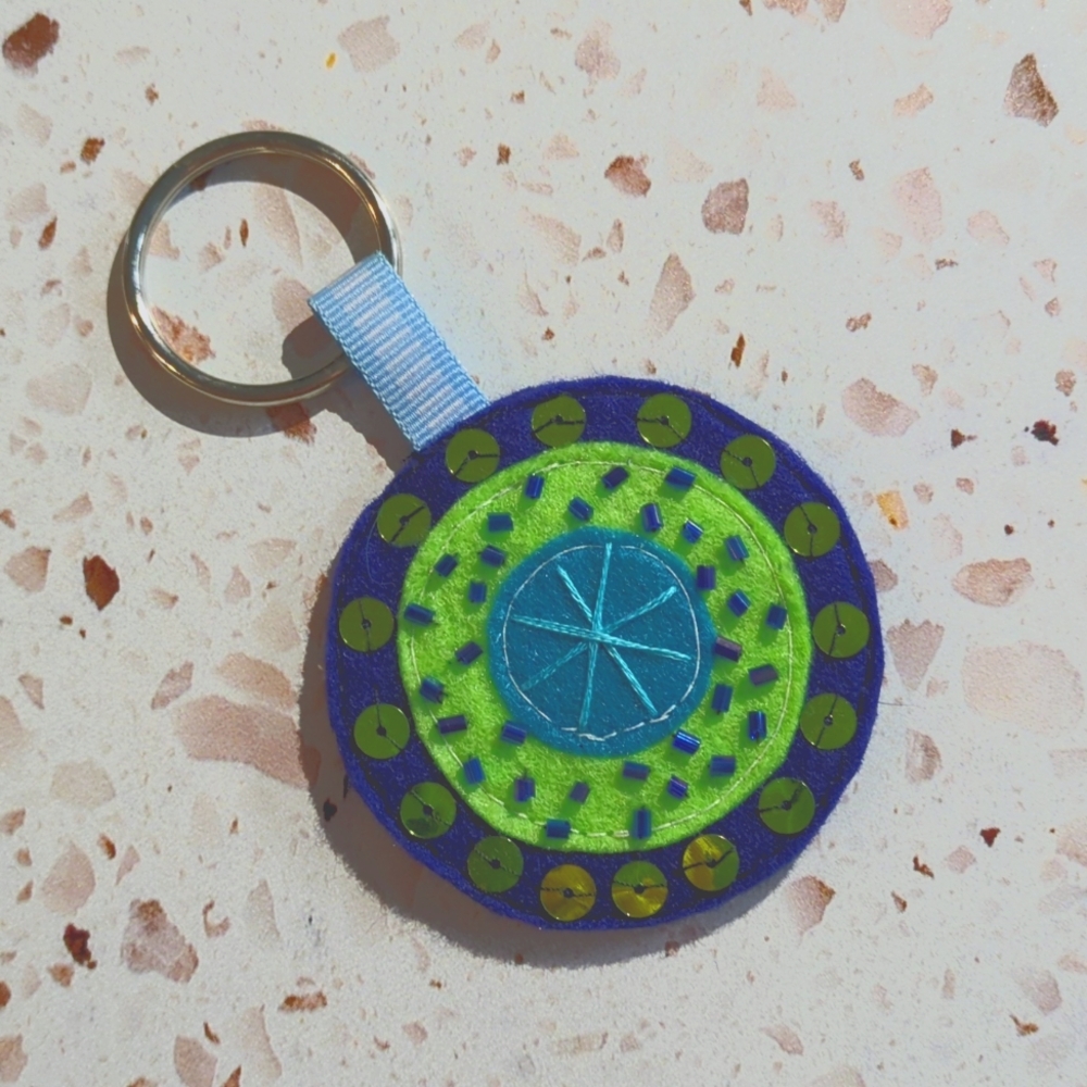 Blue Green Embellished Medallion Key Fob Handcrafted Sequins Beads Felt | New #4